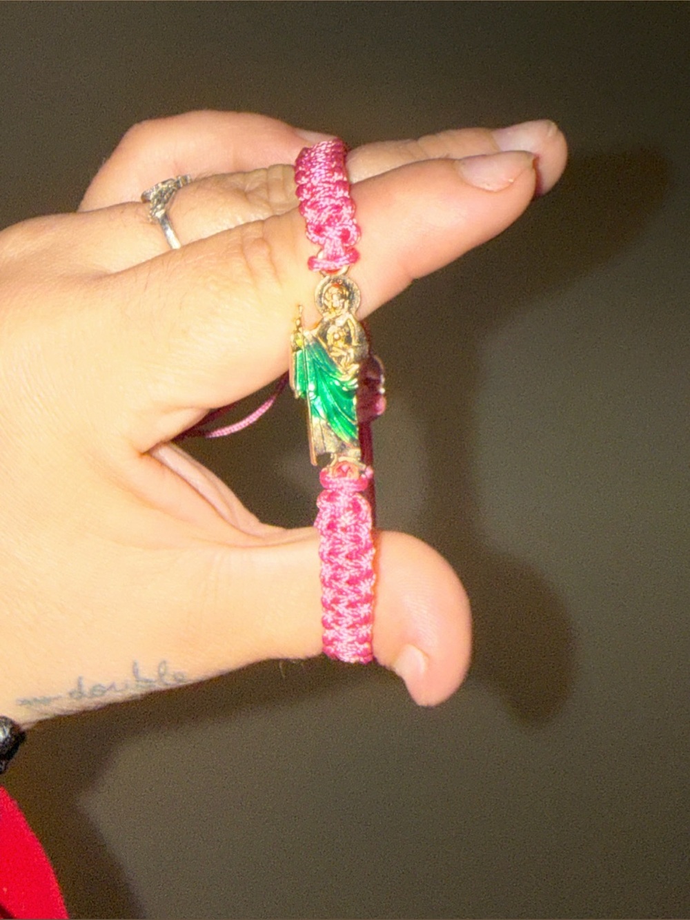 Handmade Pink Woven Saint Medal Bracelet with Gold and Green Accent